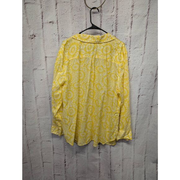 Talbots Top Womens Plus 3X Yellow Floral Roll tab Sleeve‎ Button Up Artsy Blouse - Picture 4 of 8